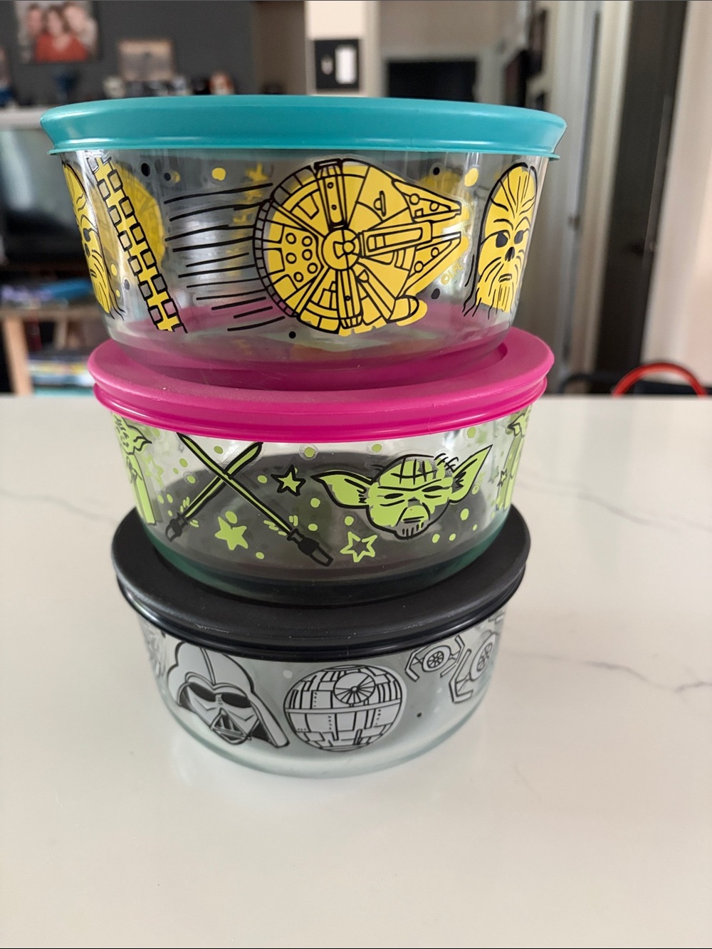 Pyrex Star Wars Glass Storage Bowls with Teal, Pink and Black Lids